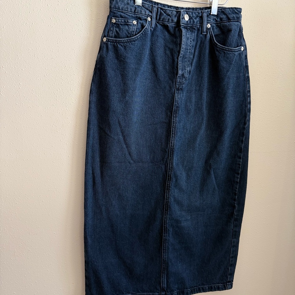 Topshop High Rise Denim Midi Skirt Dark Wash Pencil Size 8 - Picture 3 of 10